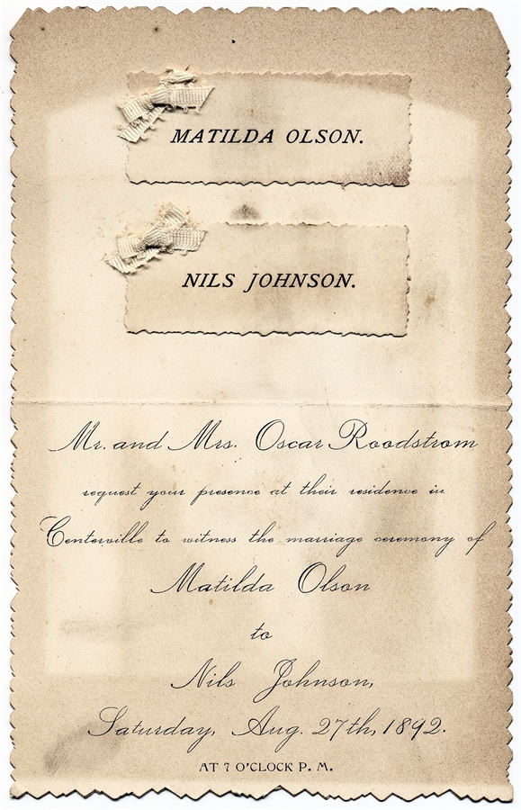 Matilda Olson (sister of Alex Wilhelm Olson, daughter of Olof Eriksson and Stina Larsdotter)/Nils Johnson wedding invitation (submitter: Martha Forsyth  - martha.public.mail@verizon.net)